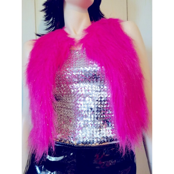 DREAMWORKS Trolls Shimmery Hot Neon Pink Monster Fur Cropped Vest Top - Picture 1 of 10